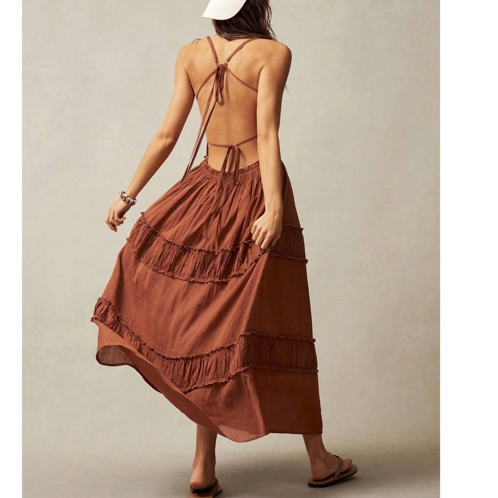 Boho Solid Backless Halter Ruched Frill Maxi Dress